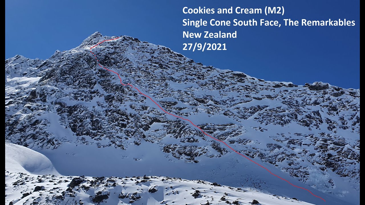 Skiing Cookies and Cream (M2) on South Face Single Cone, Remarkables New Zealand