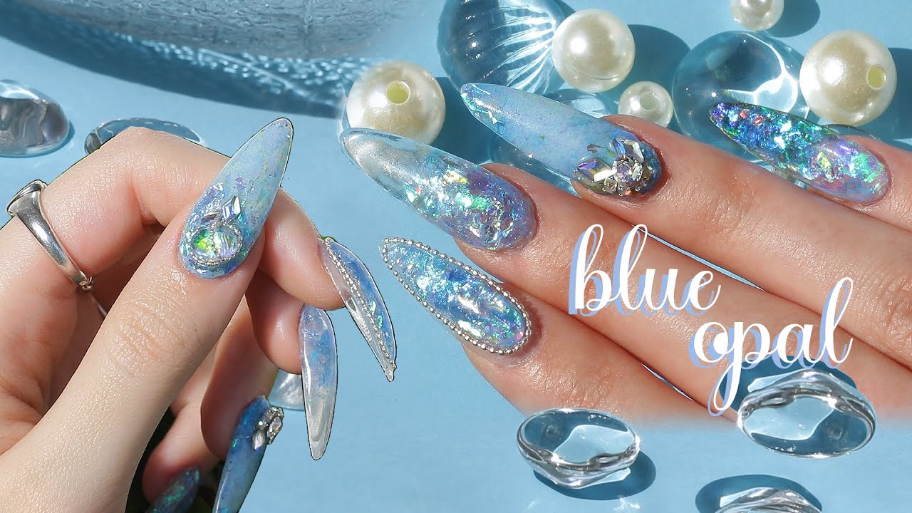 Blue Opal Ocean Inspired Nail Art💙/ Opal Nails/ Nail Tapping asmr/ Aprés Gel X/ self nail asmr