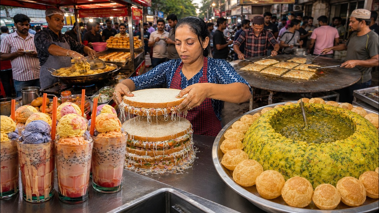 World&rsquo;s Craziest Indian Street Food Marathon | Volcano Pani Puri, Giant Sandwich & Falooda