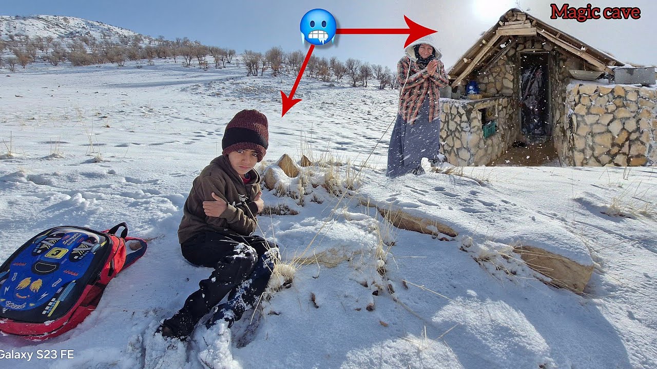 Cave boy gets stuck in snow: Operator takes him to a safe cave and warms him up😲🥶