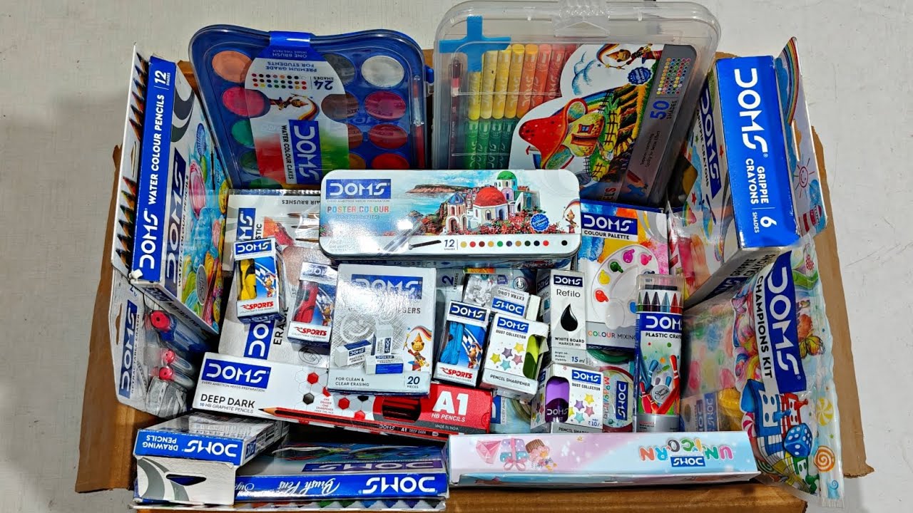 DOMS Stationery Collection🤩Geometry, Sharpener, Aqua Colors, Oil Pastels, Wax Crayons, Brush Pens