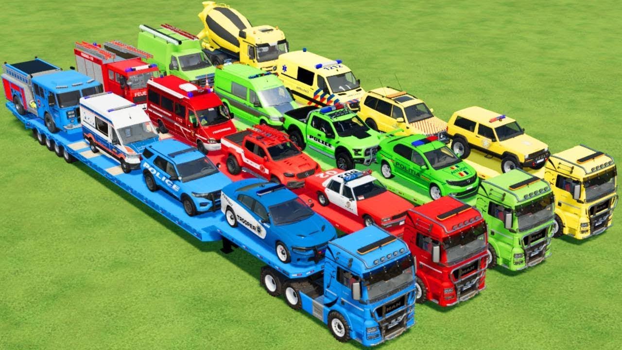 TRANSPORTING ALL POLICE CARS, AMBULANCE, FIRE TRUCK, COLORFUL CARS WITH TRUCK -FARMING SIMULATOR 22!