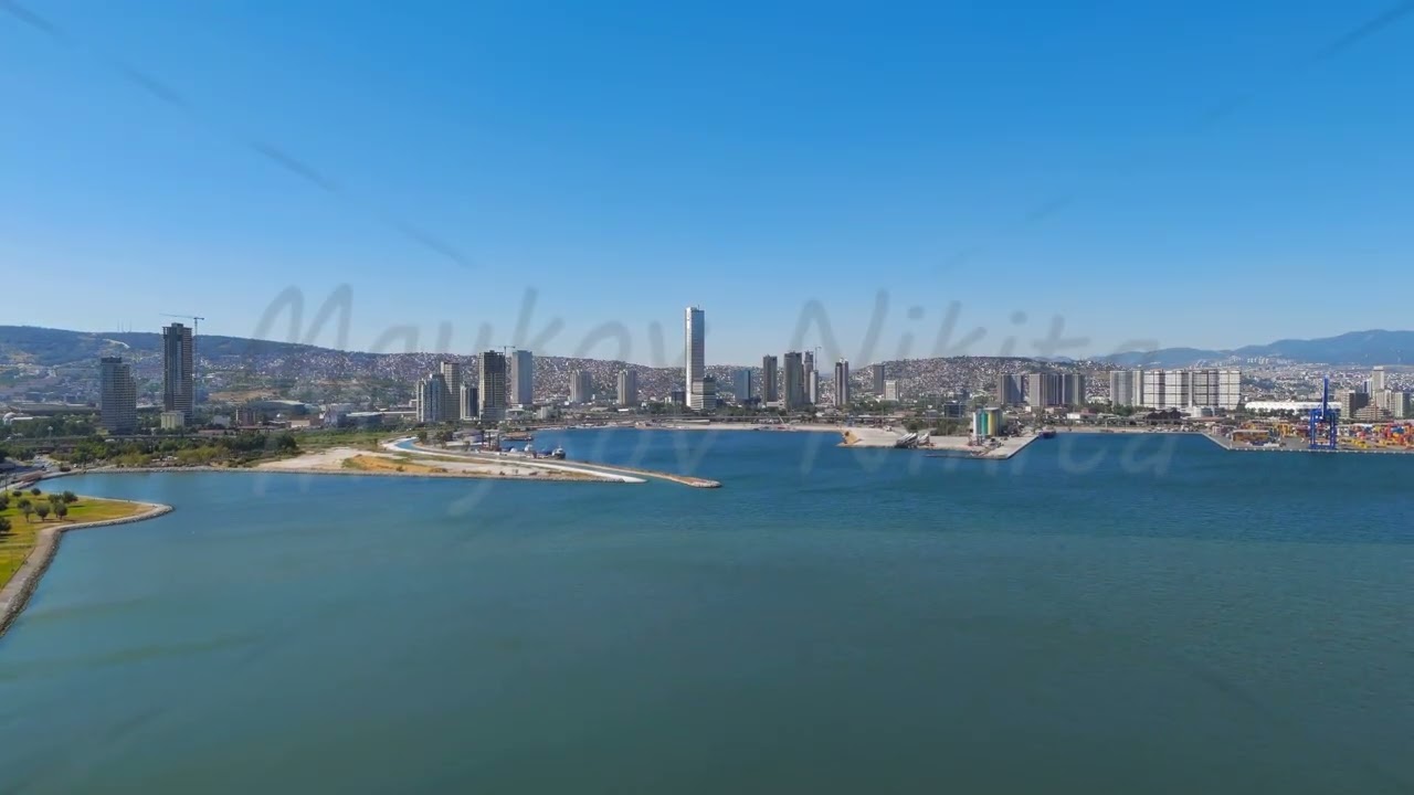 Izmir, Turkey. Panoramic aerial view of the Izmir bay and the modern city skyline with skyscraper...
