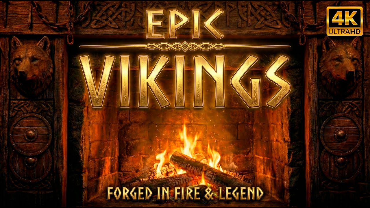 🐺 4K Nordic Viking Fireplace 🔥 Epic Relaxing Music | Wolves & Ancient Symbols ⚔️