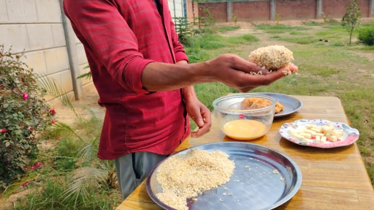 CHEESE NOODLES FRIED CHICKEN I Cooking & Eating in Village | Potato Cheese Chicken Fry Recipe