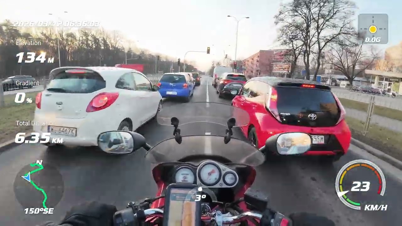 Morning motorcycle commute through Warsaw w/ telemetry