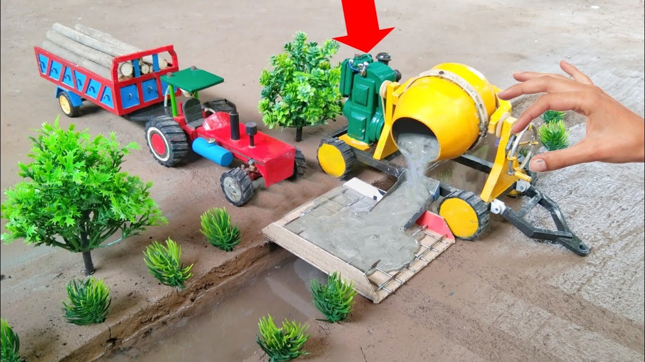 Diy Mini Tractor Diesel Engine Concrete Mixer Making Mini Bridge ||Diy Making Mini Concrete Bridge||