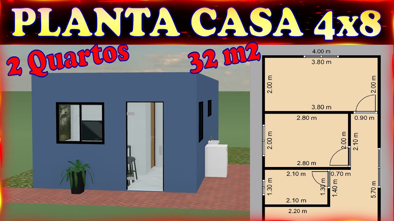 Planta Casa 4x8 - 32 m² com 2 Quartos e Cozinha Americana