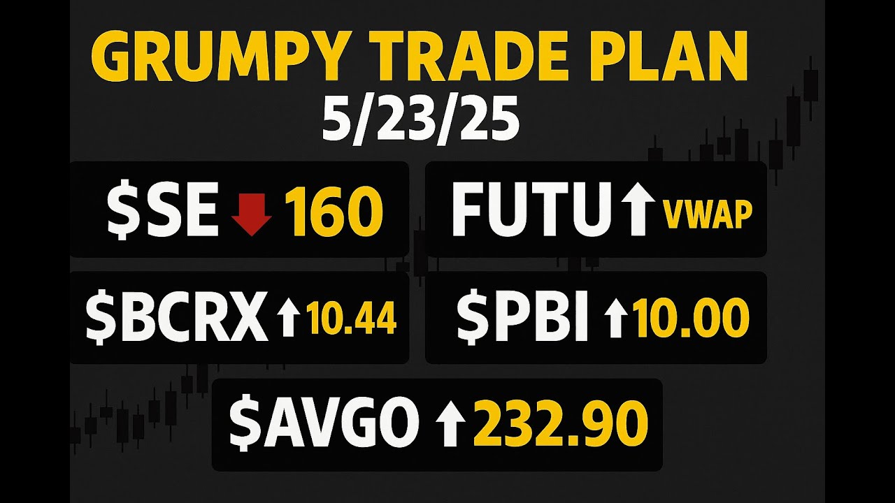 Grumpy Trade Plan 5/23/25 | $SE $BCRX $PBI $AVGO $FUTU Breakout + Gap Fill Setups