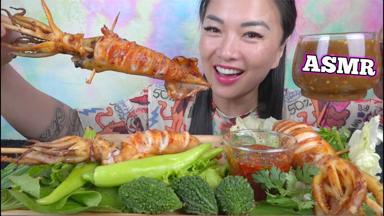 ASMR GRILLED SQUID + FRESH VEGGIES + SEAFOOD SAUCE (EATING SOUNDS) NO TALKING | SAS-ASMR
