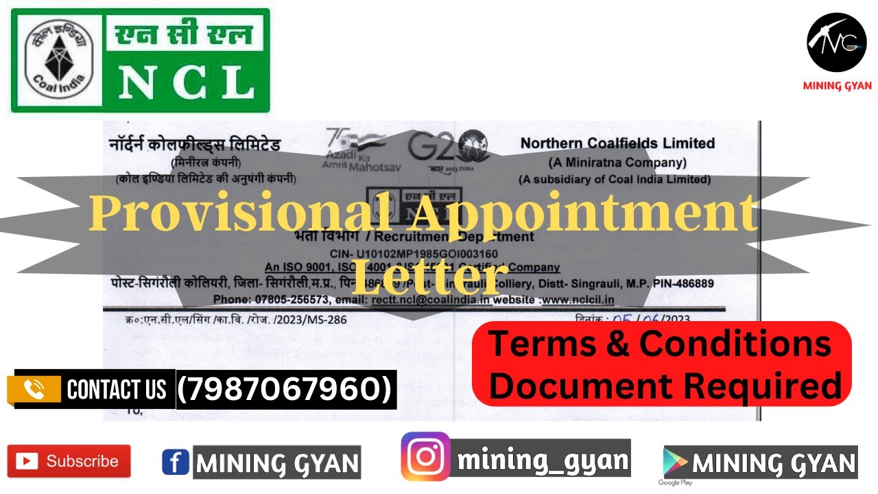 Provisional Appointment latter for the post of Mining Sirdar  T&S Gr. C in Northern Coalfield Lt.