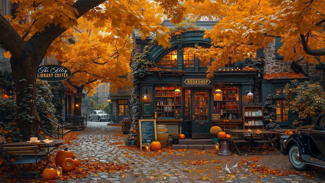 Relaxing Smooth Jazz 🍂 Cozy Autumn Coffee Shop Ambience on a Peaceful Vintage Old Street for Study