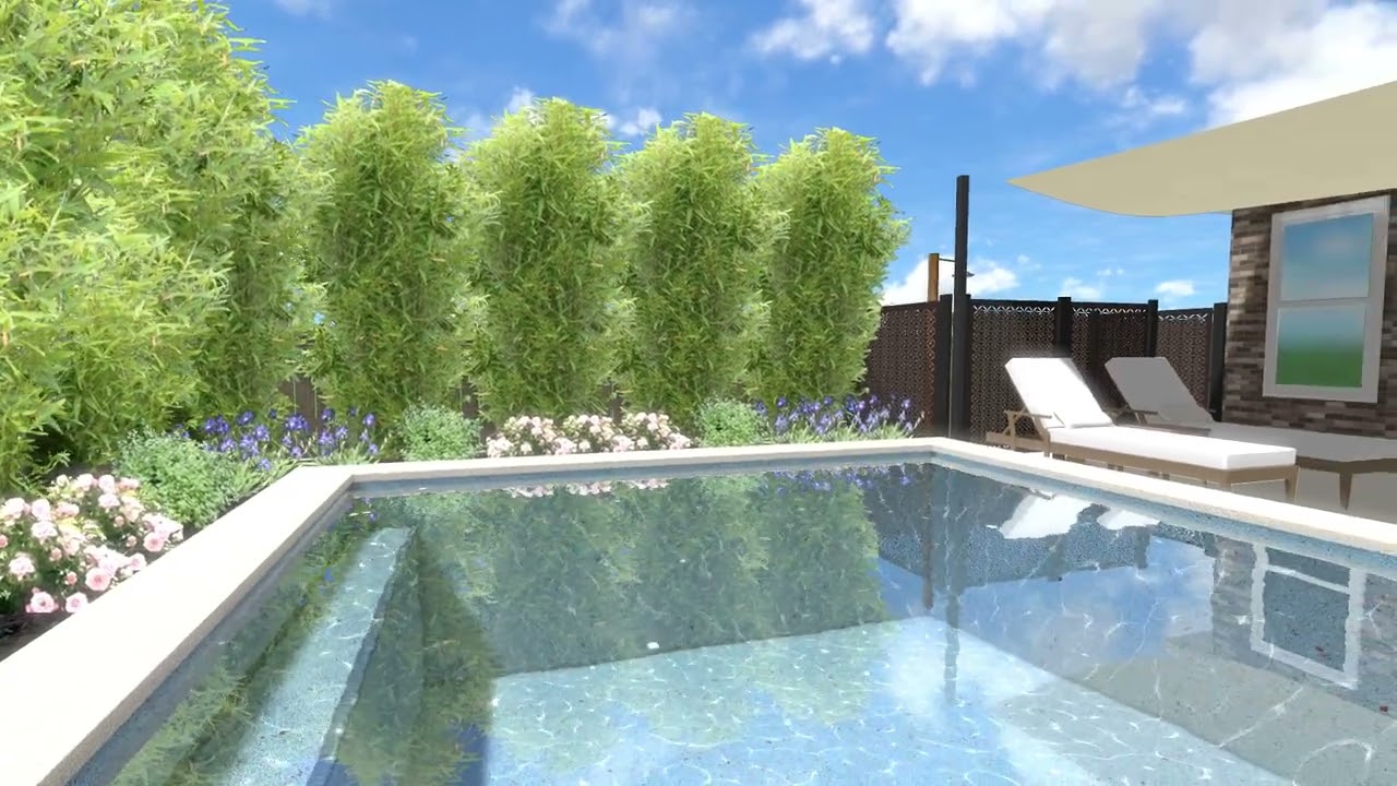 City yard with pool, firepit patio, sunbeds and more!  By Serene Landscape Design