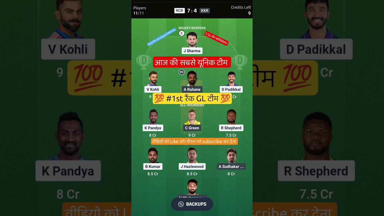 RCB VS KKR T20 Dream11 Prediction | RCB VS KKR Dream11 Team Of Today Match | RCB VS KKR dream11