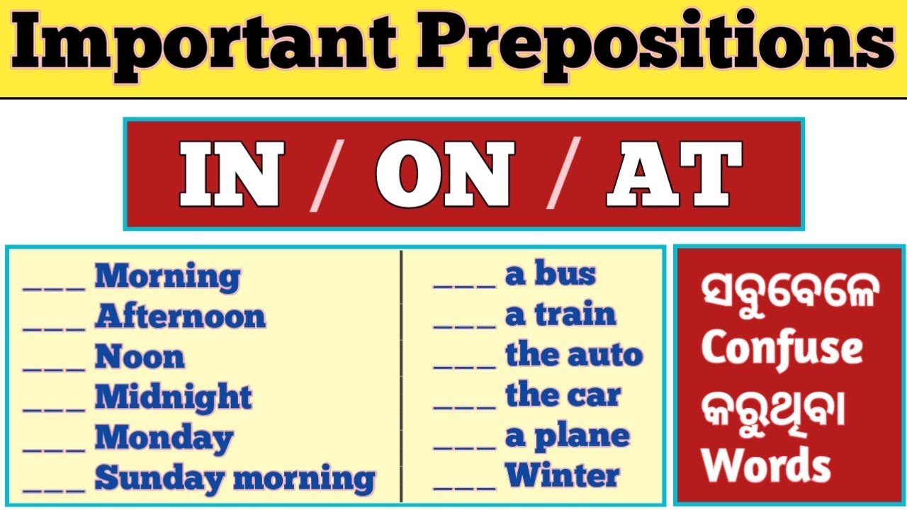IN, ON, AT Use in English Odia | Prepositions English Grammar in Odia | Preposition Odia