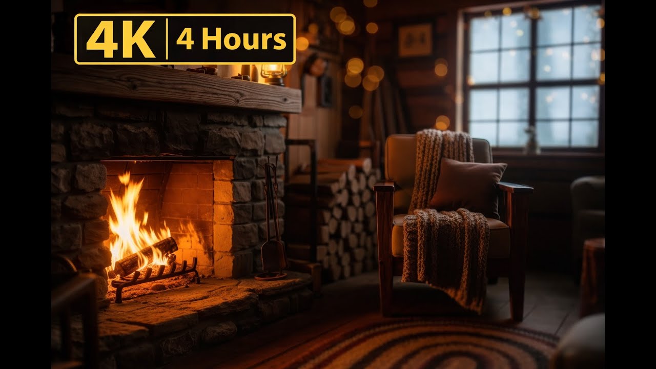 Cozy Fireplace Ambience 🔥 | 4 Hours Relaxing 4K Cabin Atmosphere