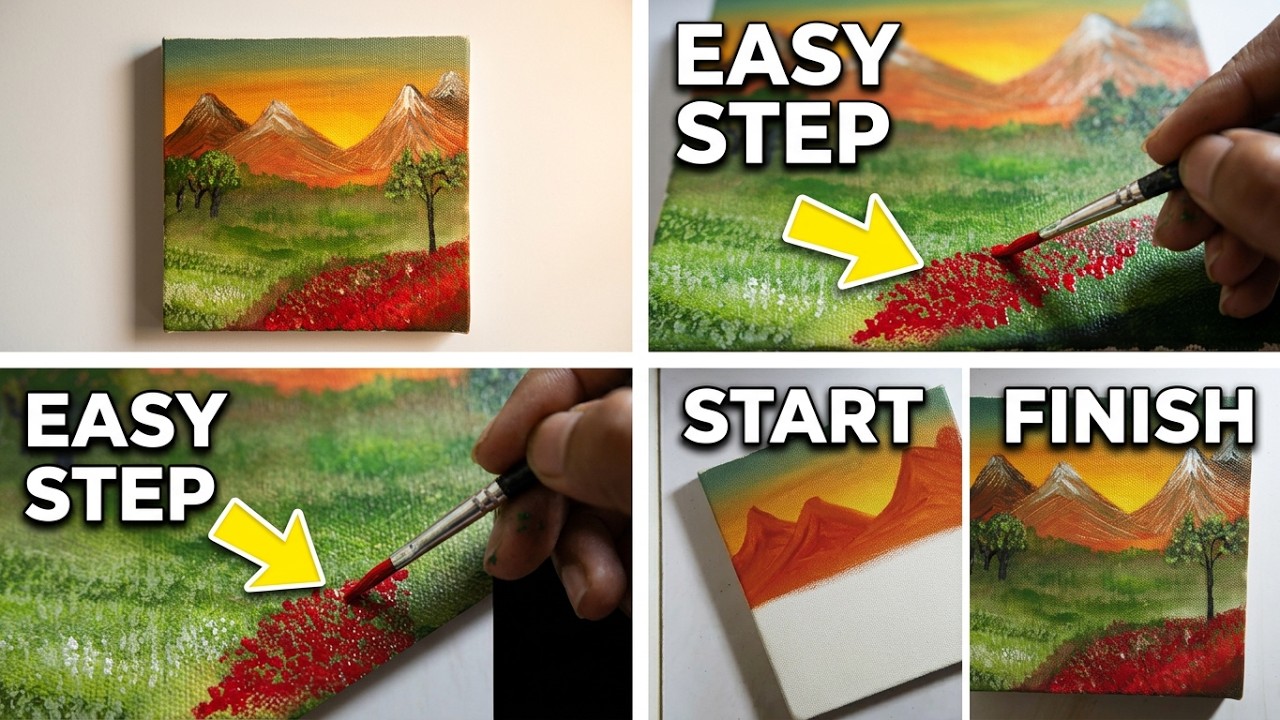 Natural landscape painting| flowers valley ,tree, mountain & rising sun |easy acrylic painting #art