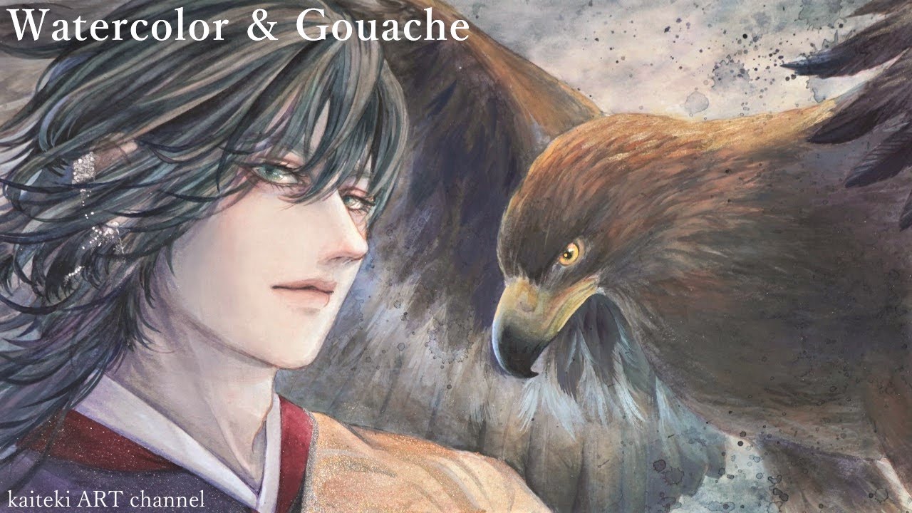【水彩×ガッシュ】鳥と着物男子イラスト🦅 | Watercolor and Gouache illustration | A Bird and a Man, ”Falconer”