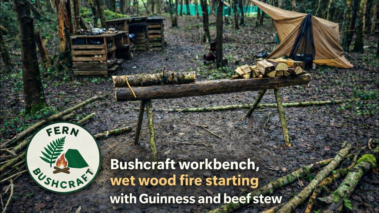 EP 10 - bushcraft workbench, wet wood fire starting with Guinness and beef stew