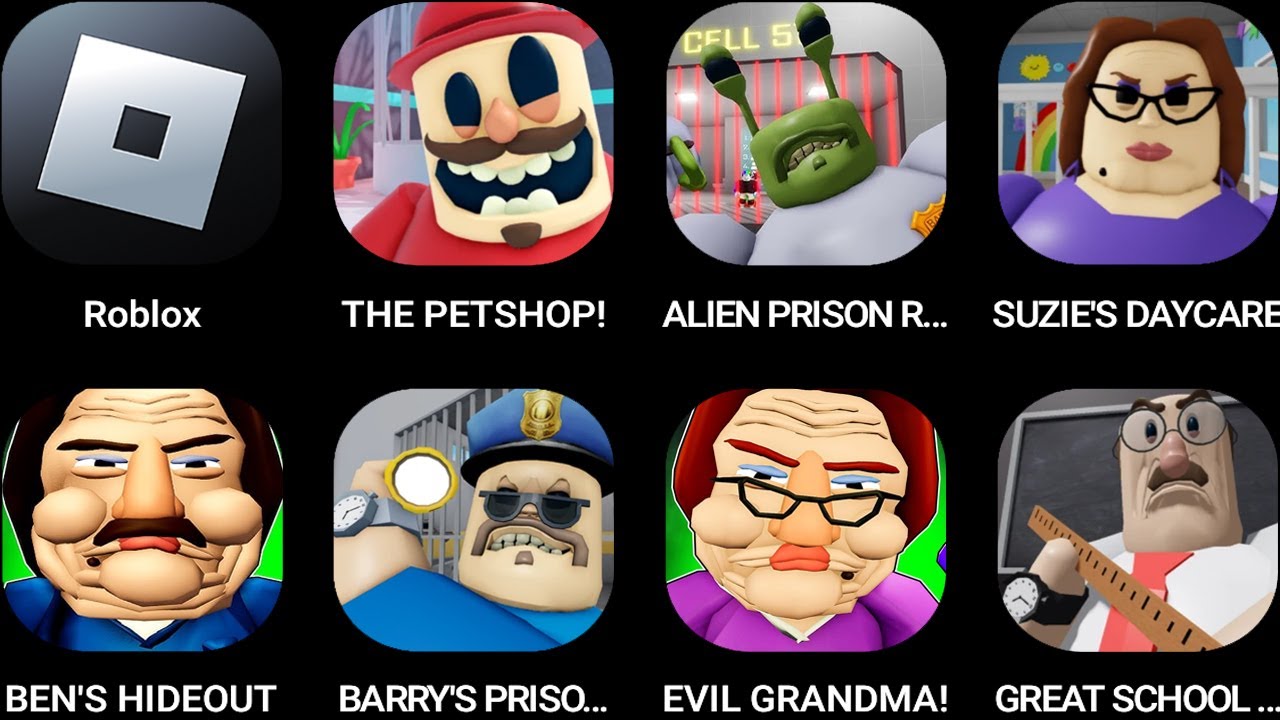 Roblox,the Petshop,ALIEN PRISON RUN,SUZIE'S DAYCARE,BEN'S HIDEOUT,BARRY'S PRISON RUN...