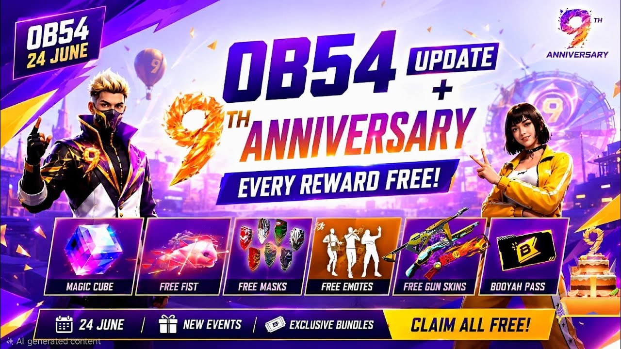 Ob54 update + 9th Anniversary Event Free Rewards😲🔥| Free Fire New Event | Ff New Event | Ff update
