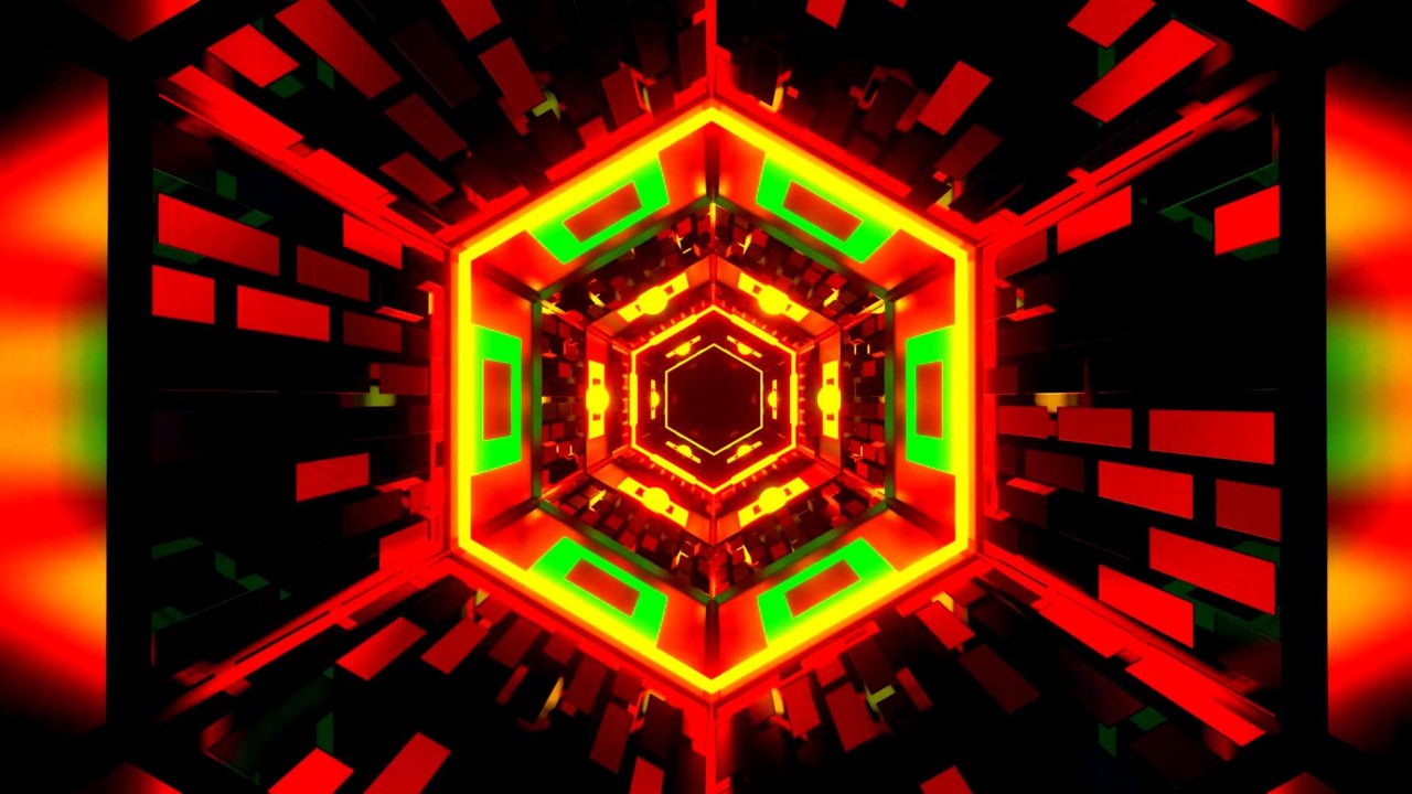 🎬 Mute Vision 4K – Futuristischer Hexagon-Neon-Tunnel in Rot, Gelb und Grün (Ohne Ton)