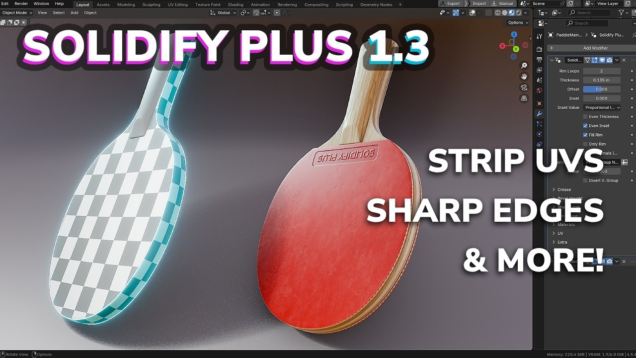 Solidify Plus 1.3 - Sharp Edges, Strip Rim UVs, Fix Normals & More! Geometry Nodes Modifier #Blender