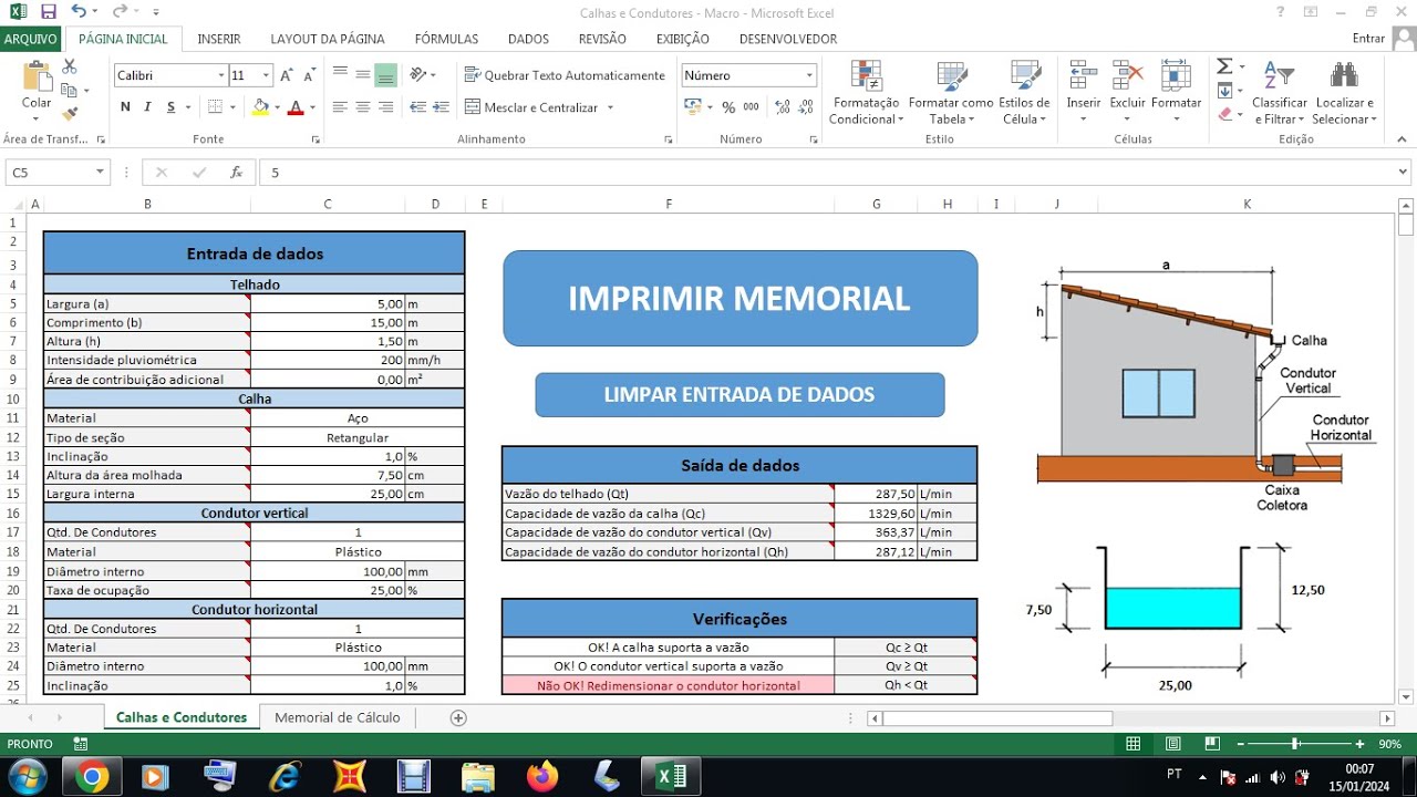 Planilha Para Dimensionamento das Instalações de Águas Pluviais (Calhas e Condutores)