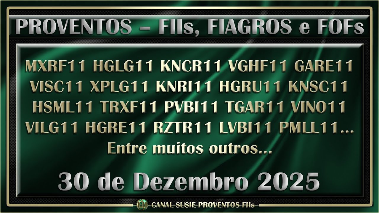 FIIs Fiagros Fofs Anunciam Dividendos Proventos 30/12/2025 MXRF11 HGLG11 KNCR11 VGHF11 GARE11 VISC11