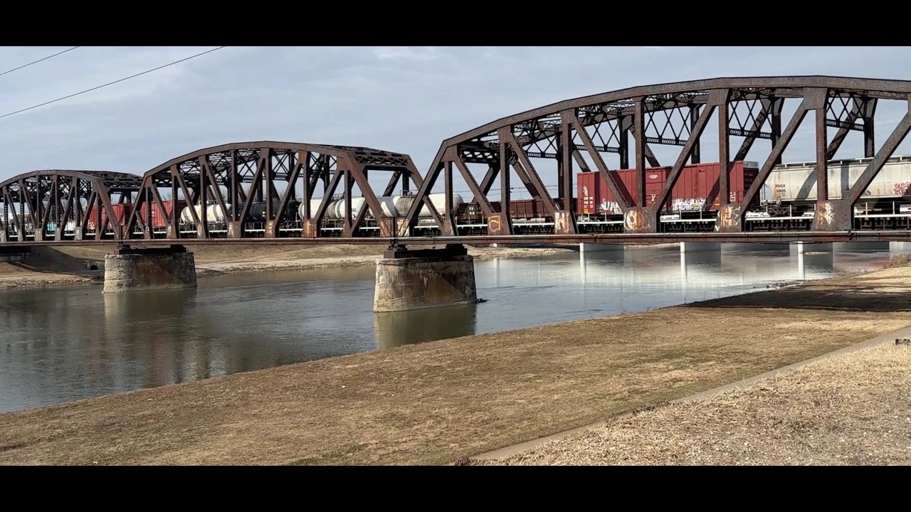 Freight Train Thunders Across Old 3 Span Bridge