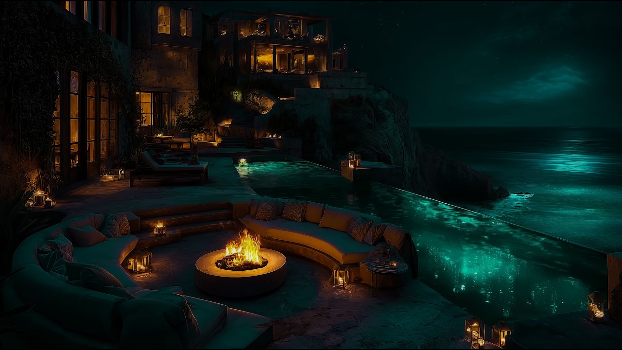 No Ads • Ocean Waves by a Cliffside Fire 🌙 Healing Piano for Deep Sleep | 1 Hour