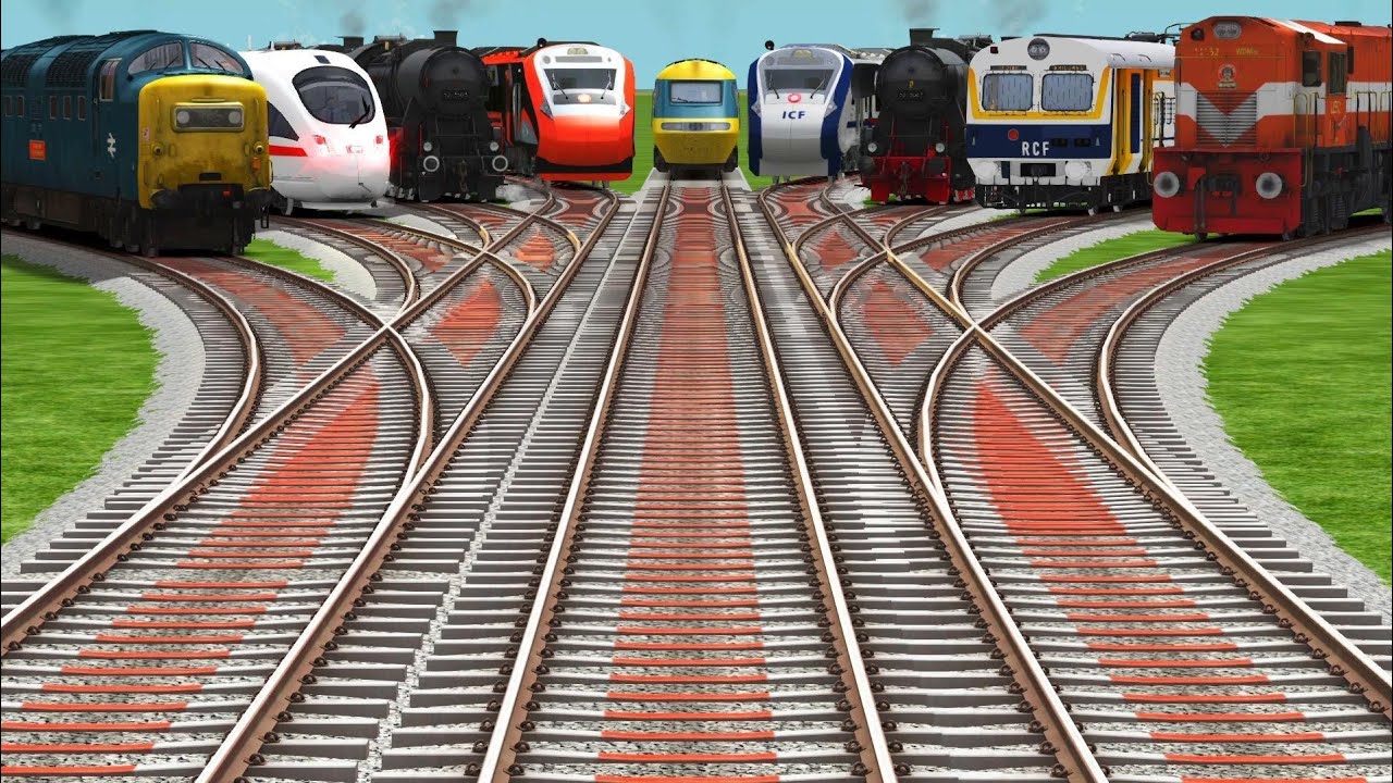 9-Trains Crossing Today At Diamond Railroad Tracks l Branched Railroad Track | train simulator 