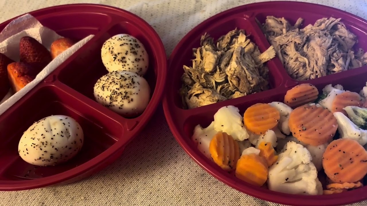 Shredded chicken, veggies, strawberries and boiled eggs for dinner