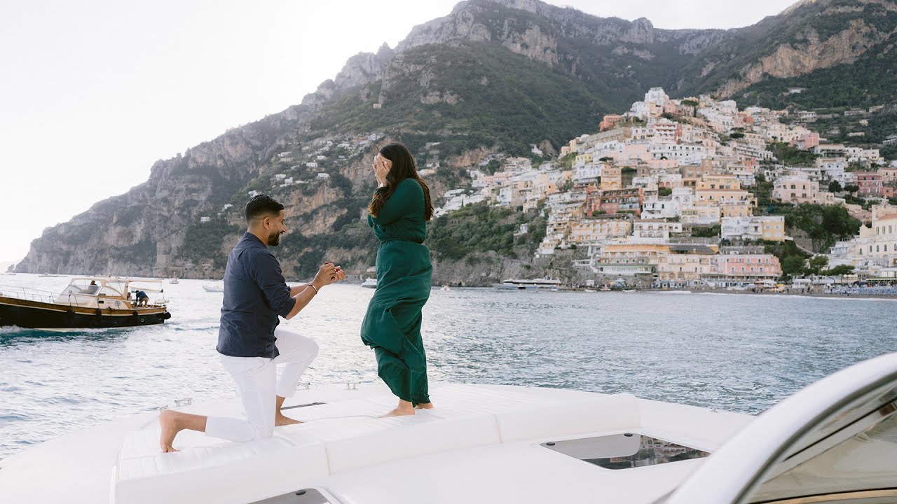 Best Proposal in Positano: Luxury Boat Engagement + Amalfi Coast Vintage Car Photoshoot