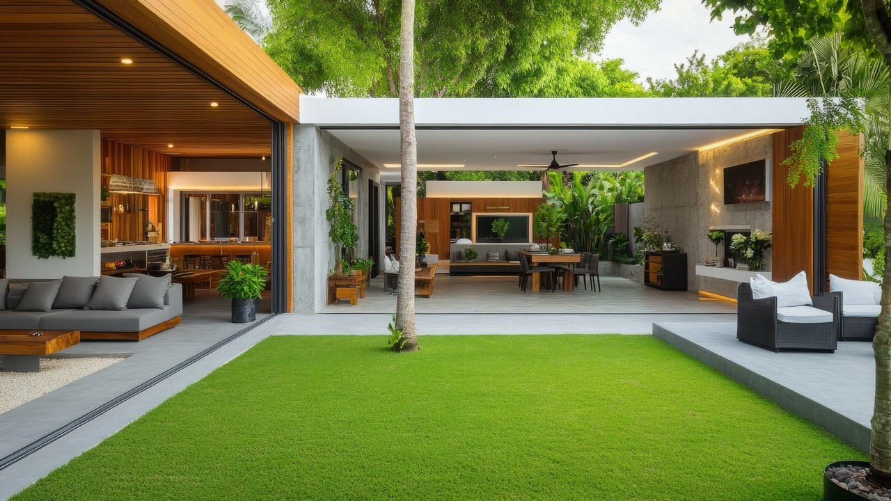 Timeless L-Shaped Single Story Concrete and Wood House Design with Open Indoor Outdoor Layout