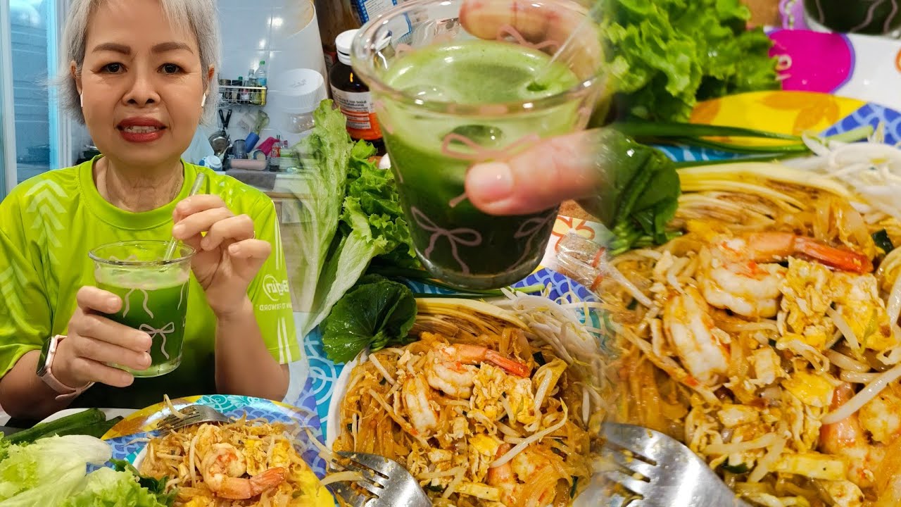 #ผัดไทยกุ้งสด มาจ้ามากินผัดไทยกุ้งสดแกล้มผักหลายๆ#ป้ามัย 