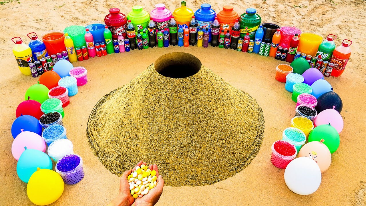 Большое подземное извержение вулкана из шариков с газировкой, Fanta, Mtn Dew, Coca Cola против Me...