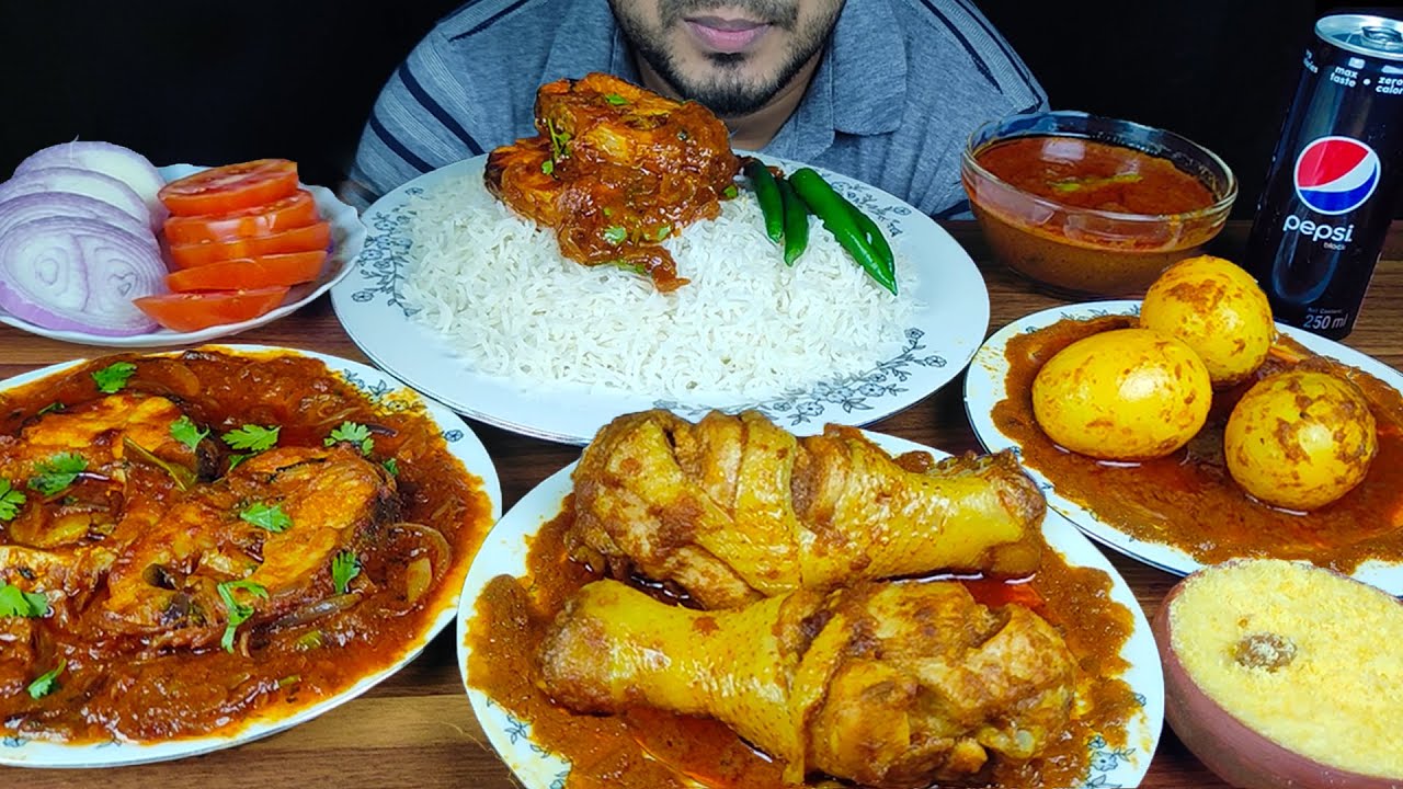 EATING SPICY CHICKEN CURRY+FISH BHUNA+EGG CURRY+RICE+SALAD+DESSERT |FOOD EATING VIDEOS |EATING SOUND