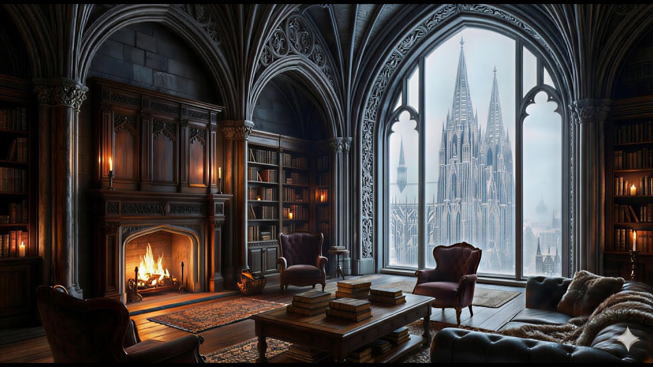 Dark Academia Library Ambience 🕯️ Crackling Fireplace & Winter Ambience | Study, Sleep, Focus