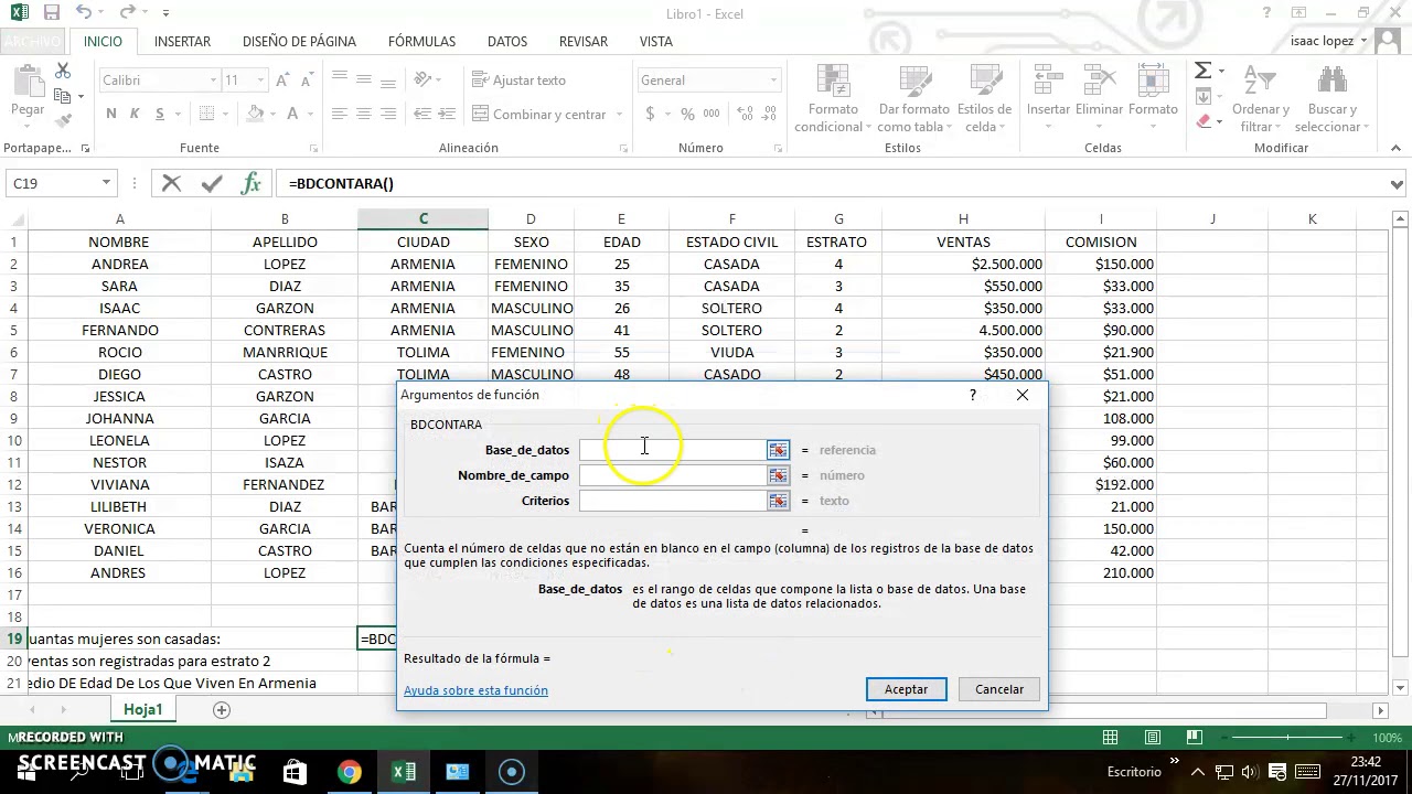 Formula de excel bdcontara