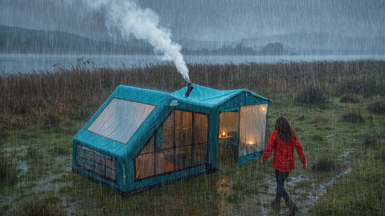 ☔️Кемпинг под проливным дождём с нашей новой надувной палаткой