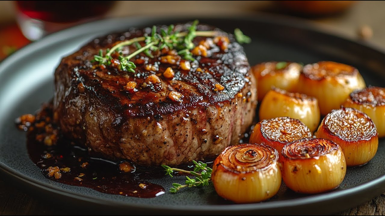 Филе говядины в бульоне из красного вина и инжира с карамелизированным луком-шалотом