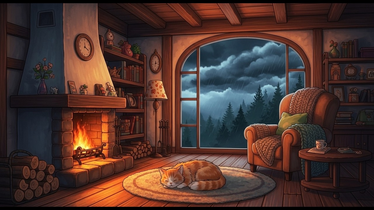 Crackling Fireplace in Cozy Cabin 🔥 Peaceful Lofi for Deep Sleep & Focus