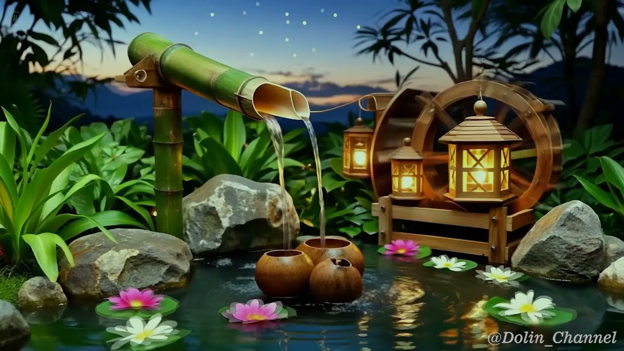 Peaceful Bamboo Fountain 🌿 Starry Night Sounds for Deep Sleep