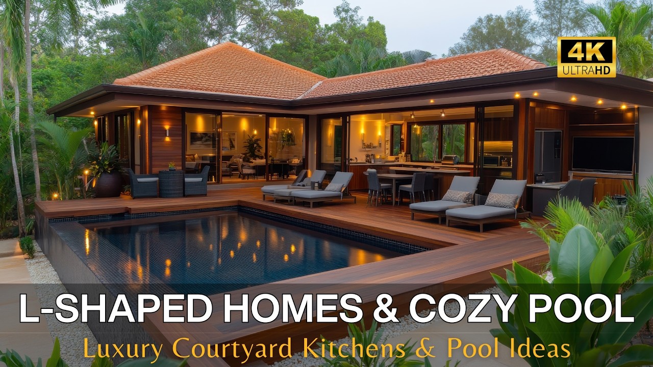 Elegant Courtyard Kitchens and Cozy Pool Landscaping Ideas for Modern L-Shaped Single-Storey Homes