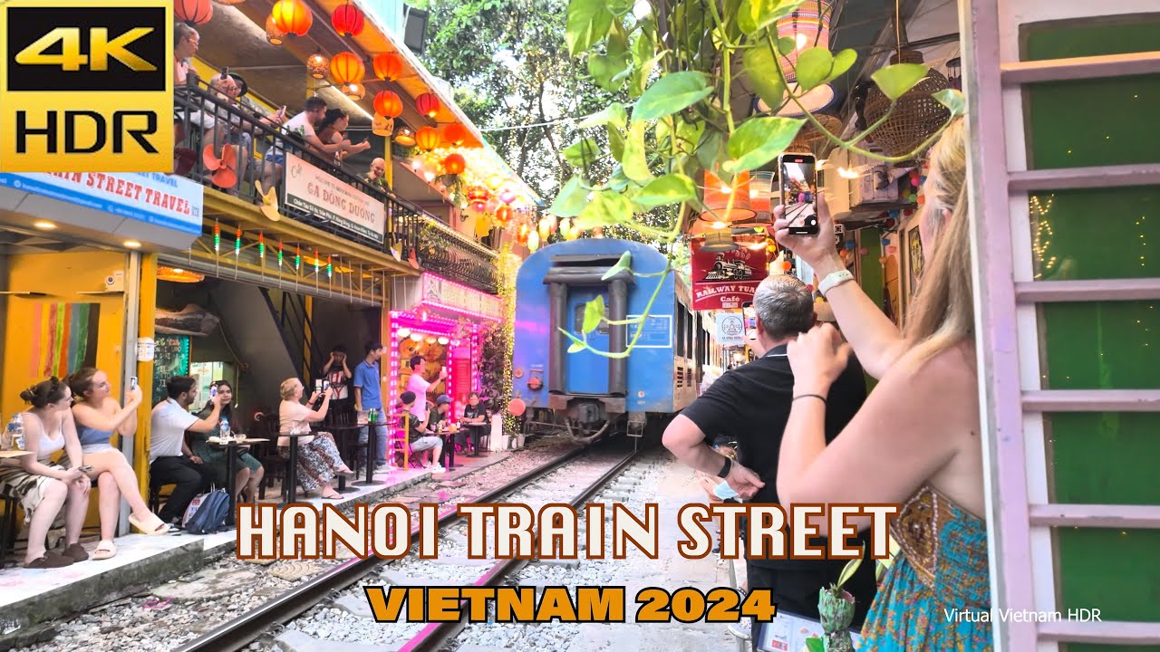 (4K HDR)  Hanoi Train Street On Sunday - Excitedly Waiting For The Train To Pass - Vietnam 2024
