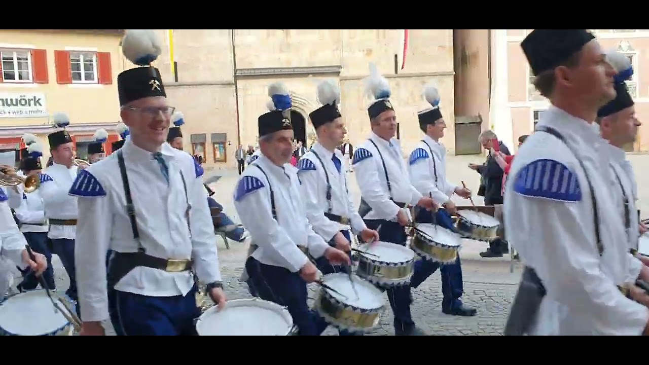 Berchtesgaden Salt Miners Band march through the town. (Berchtesgaden Bergarbeiter Blasskapelle.)