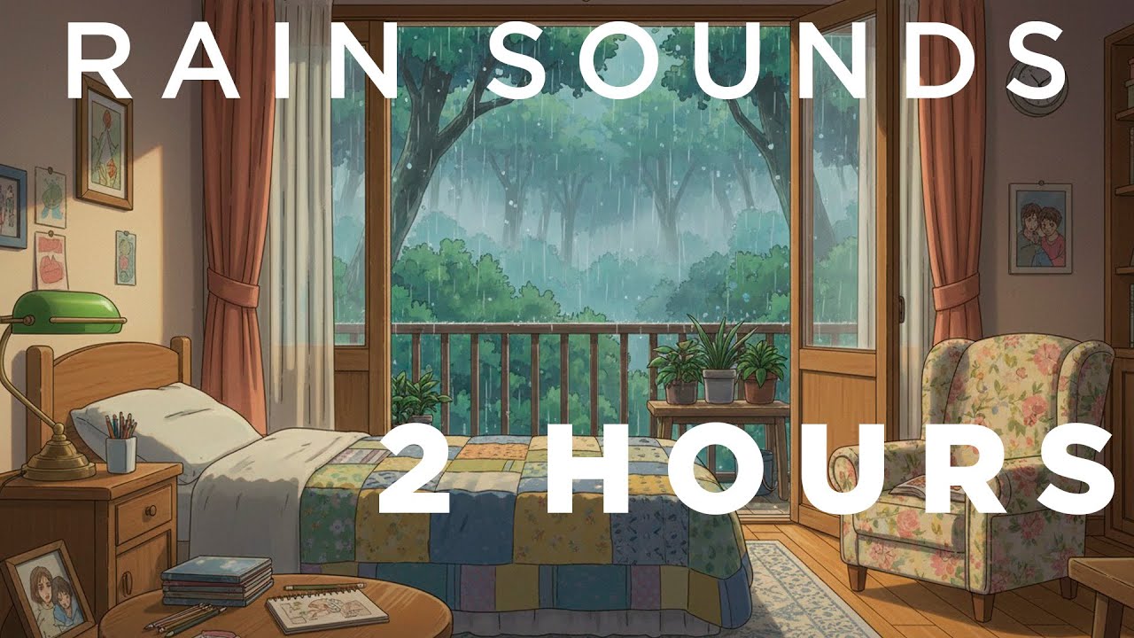Cozy anime bedroom with rain and soft thunder - no music