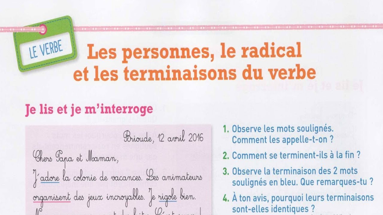Les personnes le radical et les terminaisons du verbe cours et activités mot de passe ce1 ce2