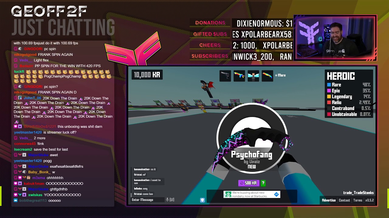 Krunker Twitch Streamer Geoff2F gets CONTRABAND on his last spin of the stream!!
